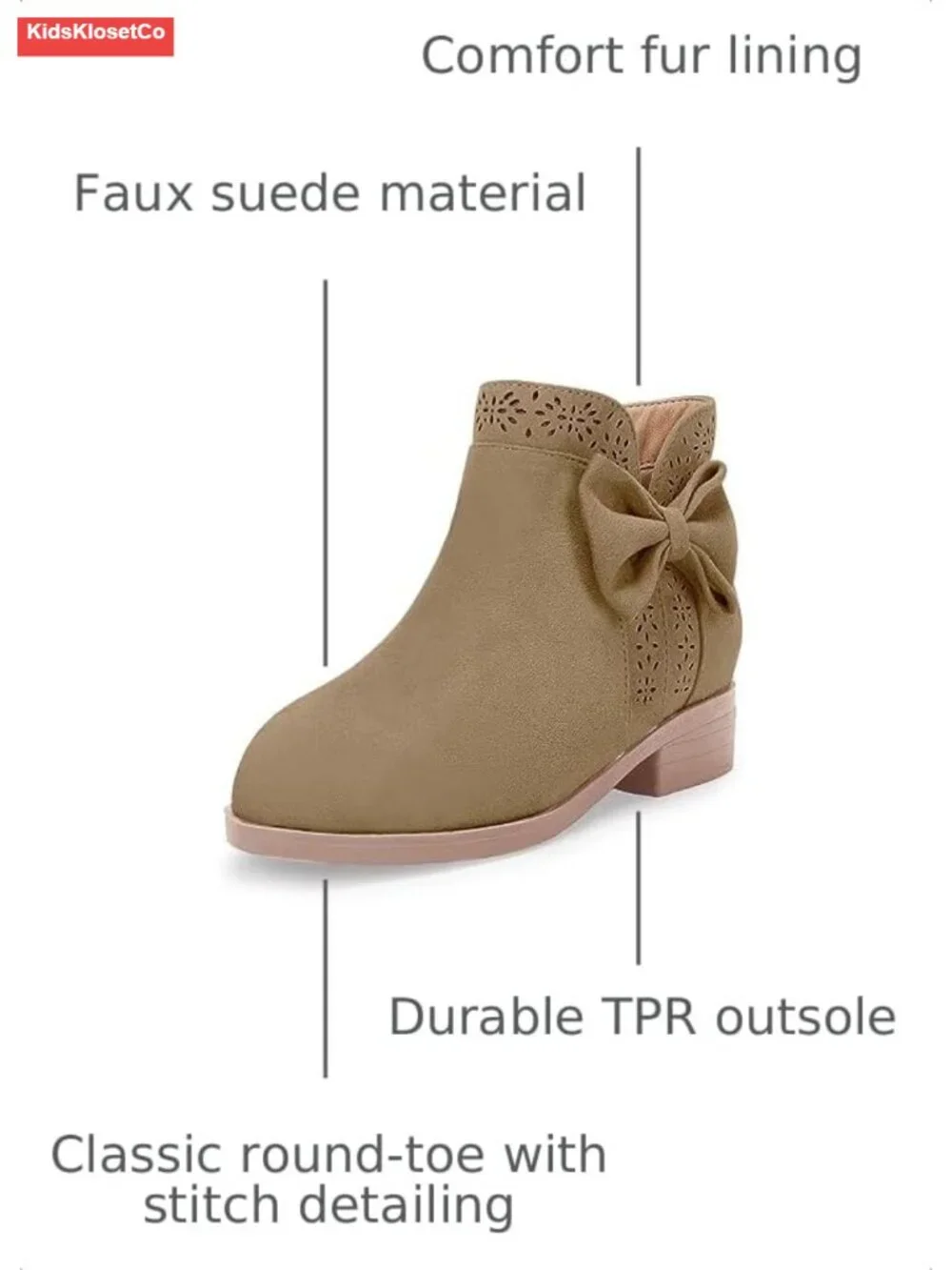 Girls Faux Suede Ankle Boots with Bow, Fur Lining, Side Zipper